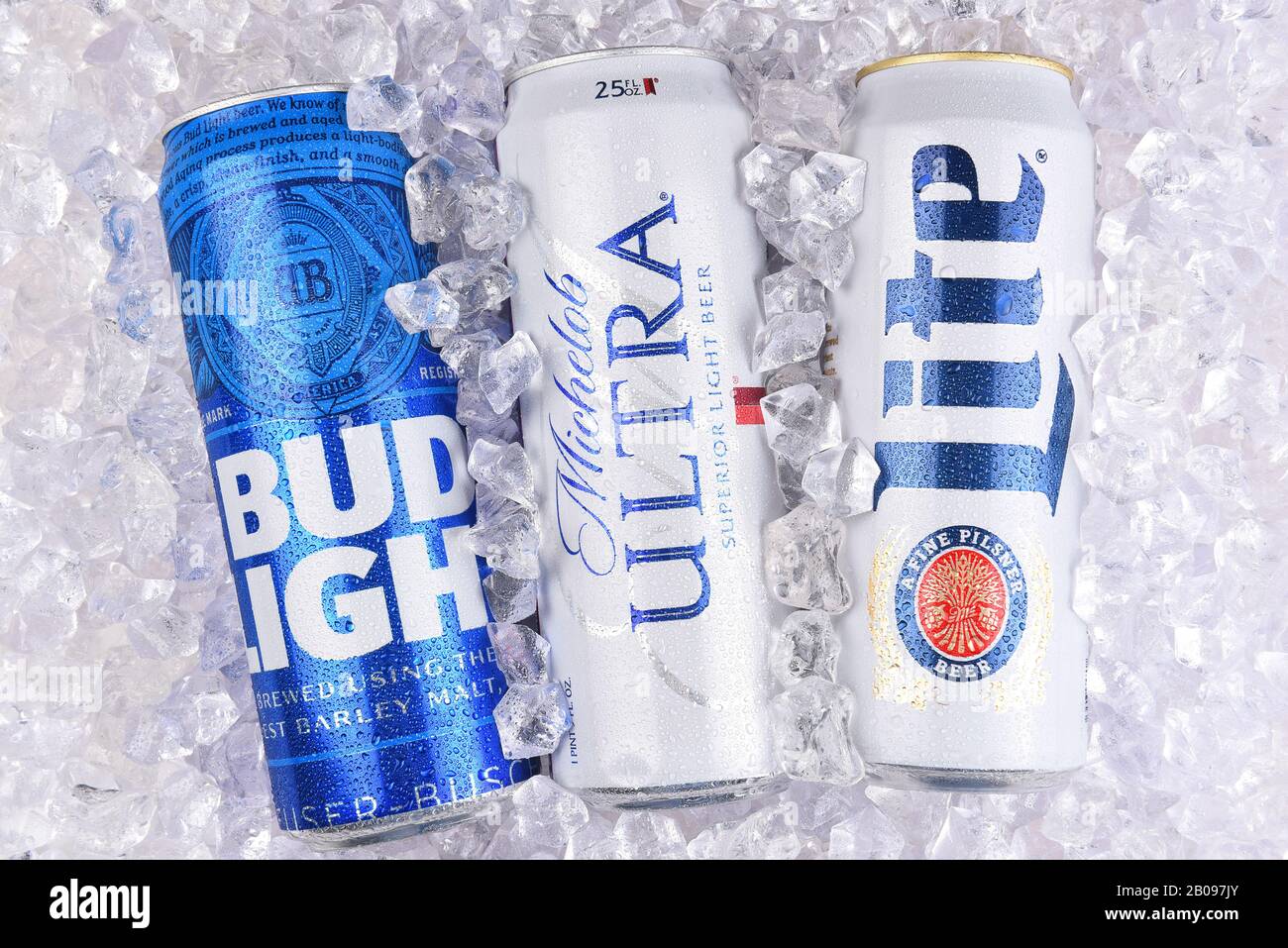 IRVINE, CALIFORNIA - MARCH 29, 2018: Three of the most popular Light beers in a bed of ice. King cans of Bud Light, Michelob Ultra, and Miller Lite. Stock Photo