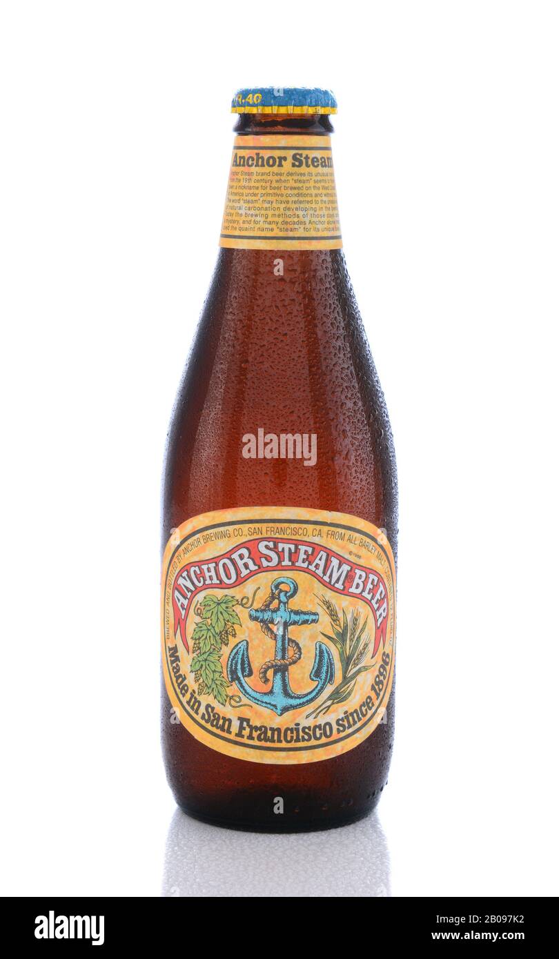 IRVINE, CA - JUNE 14, 2015: A single bottle of Anchor Steam Beer. Anchor Brewing Co. is one of the last remaining breweries to produce California comm Stock Photo