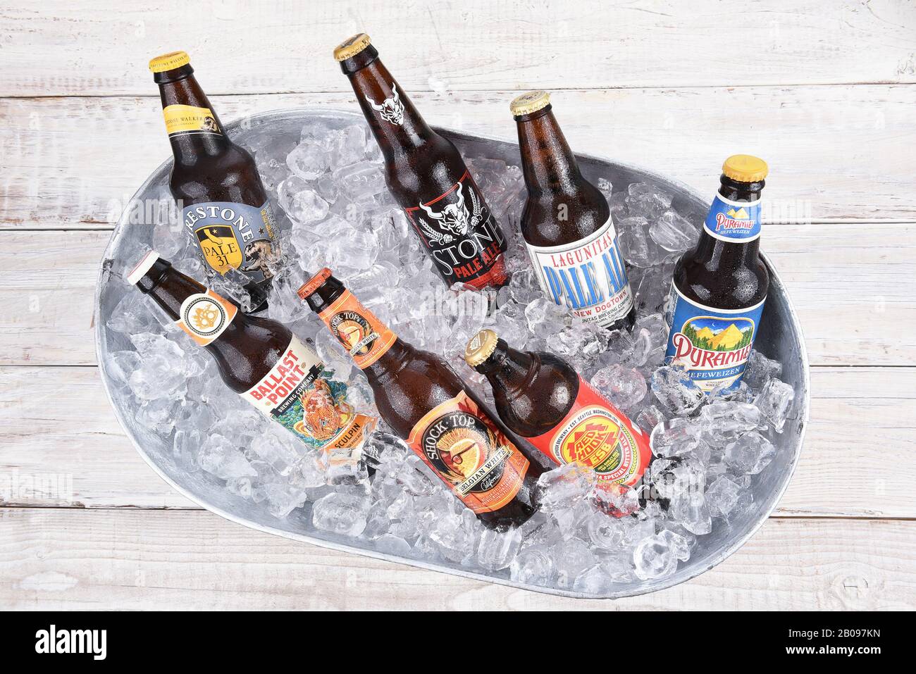 IRVINE, CALIFORNIA - AUGUST 31, 2016: Craft Beers in Ice Bucket. Craft beers or Microbrews are a fast growing segment of the adult beverage market. Stock Photo