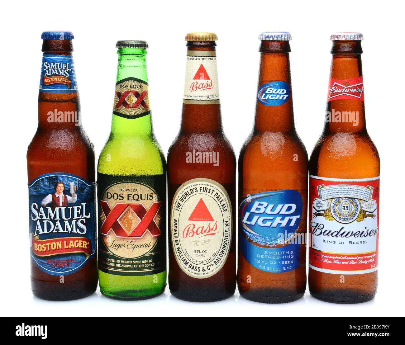 IRVINE, CALIFORNIA - JULY 14, 2014: 5 bottles of assorted cold beers. Domestic and Imported brews including, Budweiser, Bud Light, Bass, Dos Equis and Stock Photo