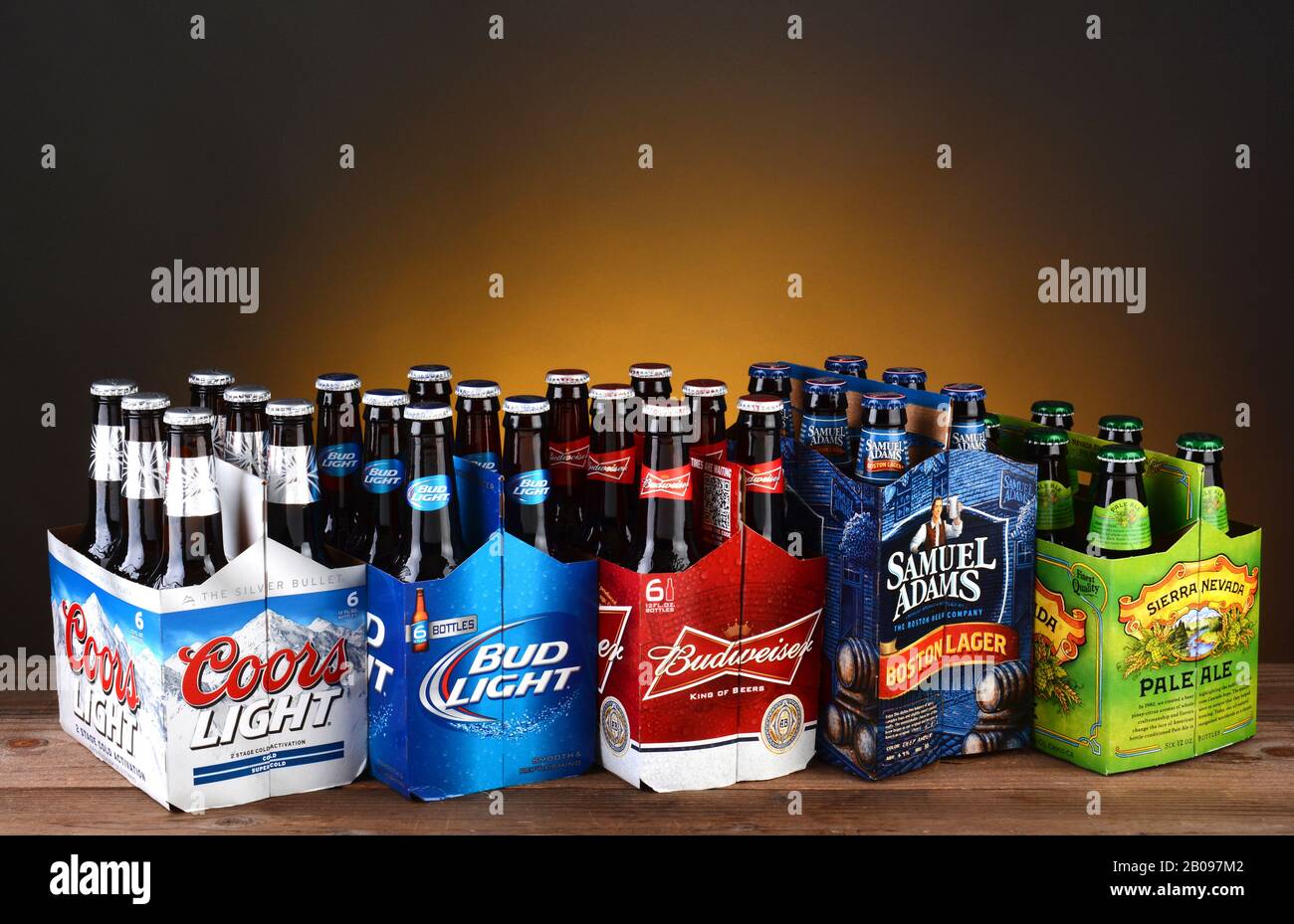 IRVINE, CA - MAY 25, 2014: Five 6 packs of Domestic Beers. Five of the most popular Imported beer brands: Coors Light, Bud Light, Budweiser, Samuel Ad Stock Photo