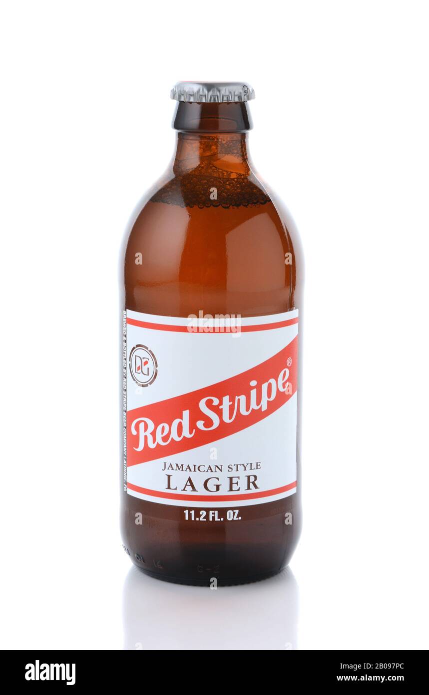 IRVINE, CA - JANUARY, 11, 2015: A single bottle of Red Stripe Jamaican Style Lager. Brewed in Jamaica since 1938 by Desnoes & Geddes its international Stock Photo