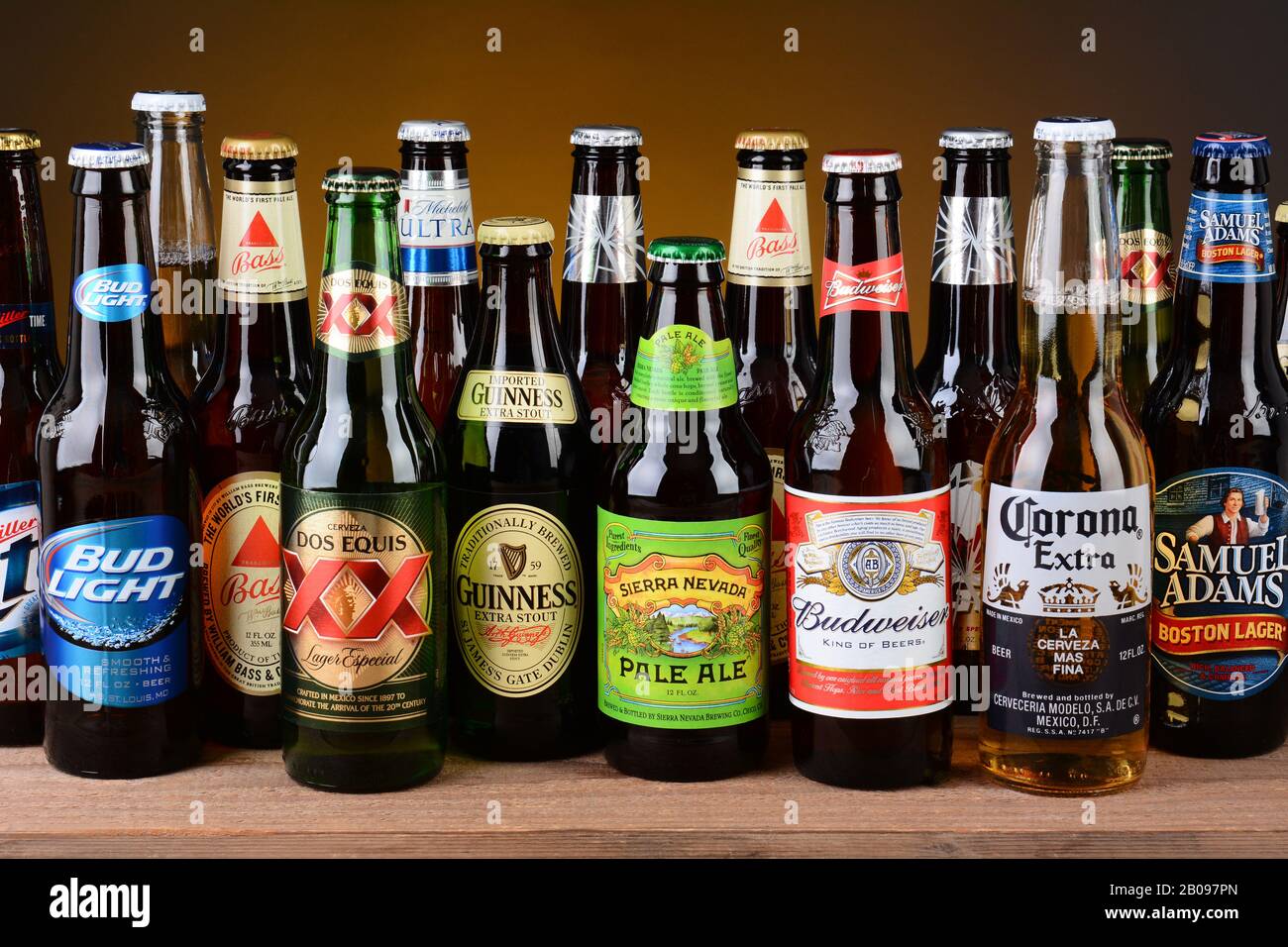 IRVINE, CA - MAY 25, 2014: A variety of popular beer brands. Many brands including domestic and import beers are shown including, Corona, Guinness, Bu Stock Photo