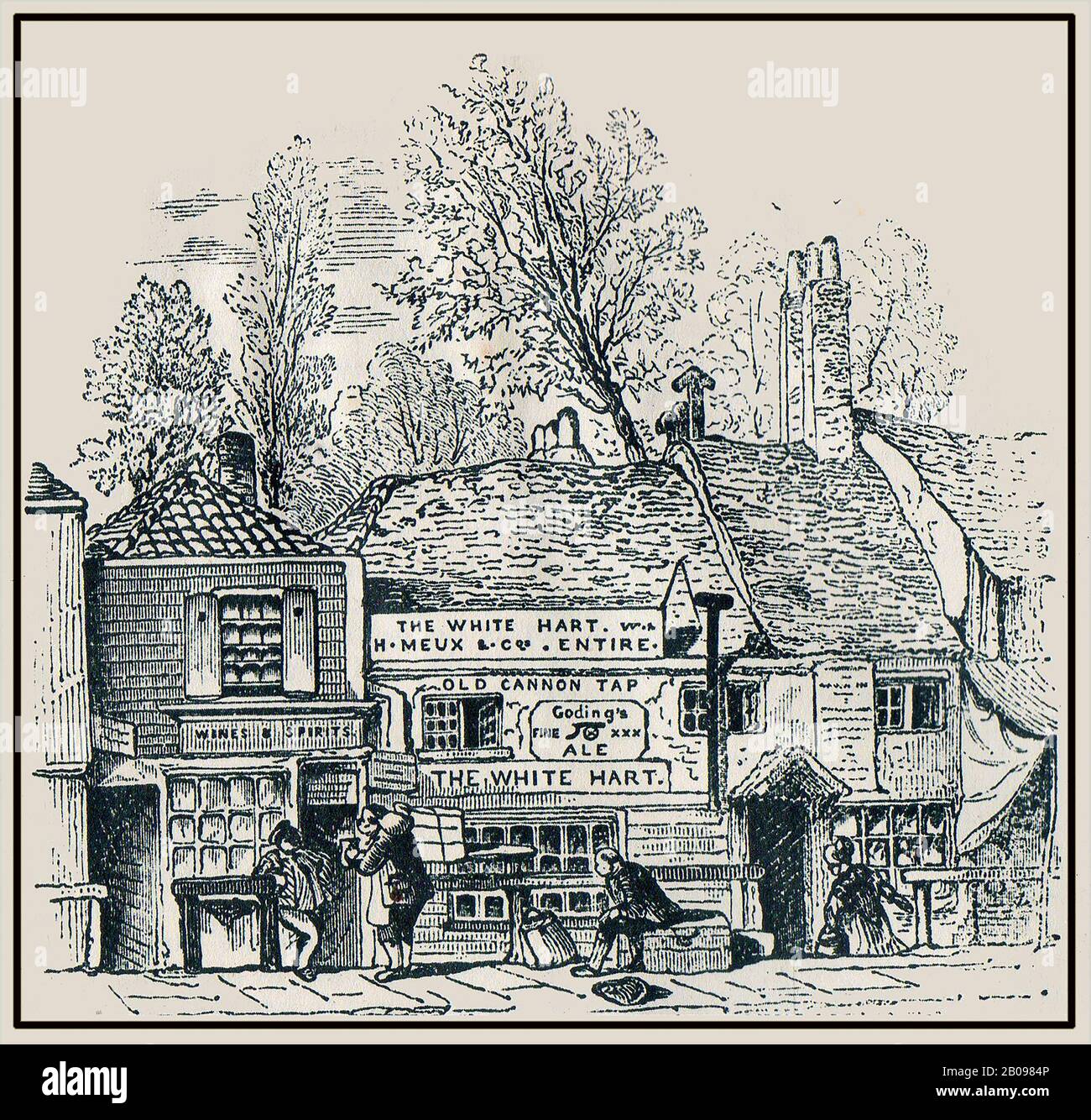 An historic engraving showing the White Hart Inn and Old Canon Tap in Knightsbridge, London, UK circa 1850. The attached wine and spirits vaults was formerly  a carpenters shop (1820) before the pub expanded, also extending into  a house to the right of the picture. The inn was a popular was a watering house for hackney carriages and was frequented by local carriers and  porters. Hart is the name for a mature stag ( It was the personal badge of King Richard II). Knightsbridge, formerly a small hamlet is now  a high class  residential and retail part of the city. Stock Photo
