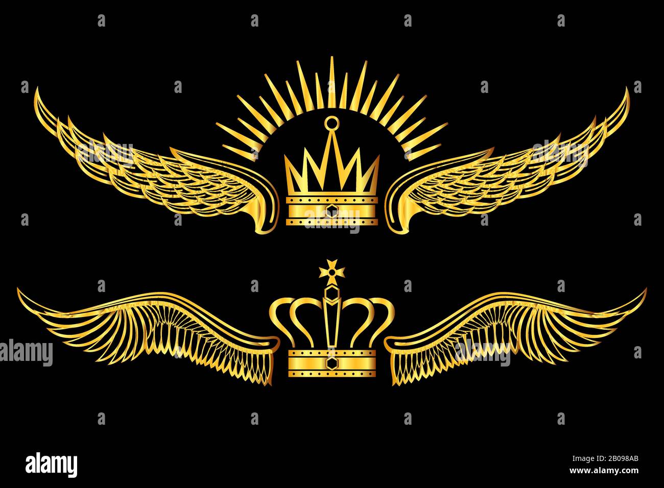 Set of golden winged crowns logos black background. Golden luxury royal emblem. Vector illustration Stock Vector