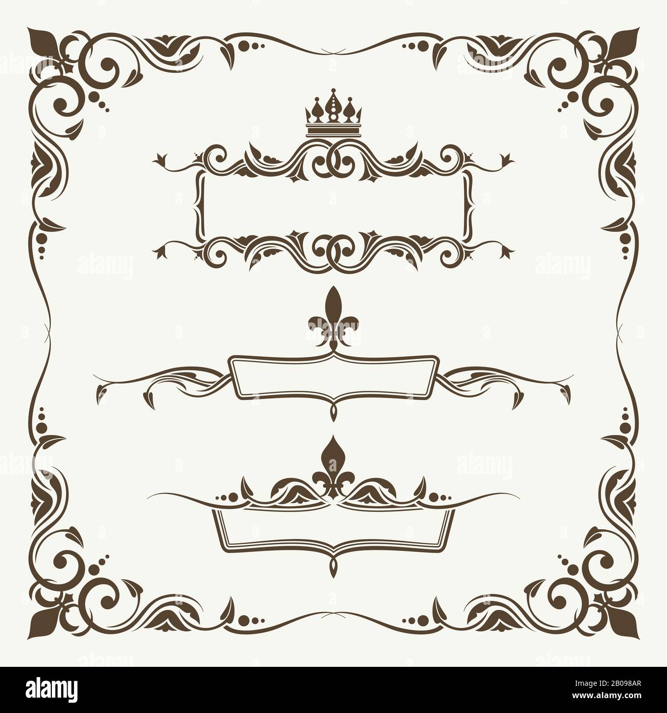 Royal crowns and fleur de lys ornate frames. Decoration curled frame and elements victorian, vector illustration Stock Vector