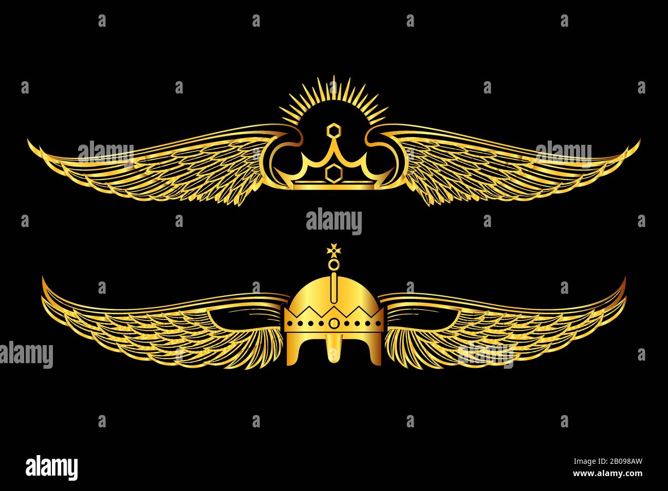 Set of golden winged crowns logos black background. Royal banner elegance collection illustration Stock Vector