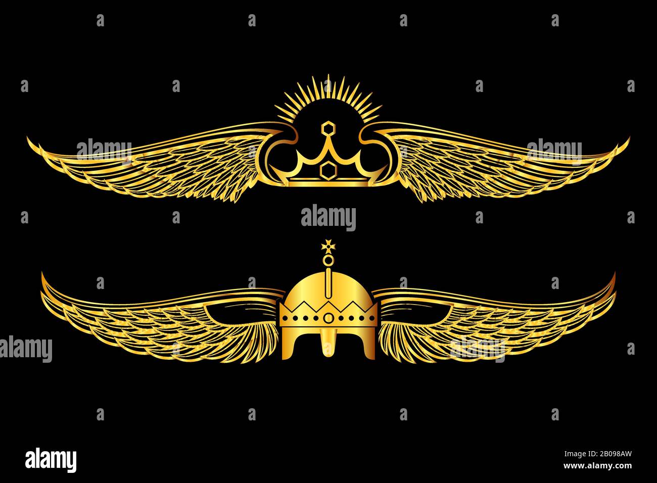 Set of golden winged crowns logos black background. Royal banner ...