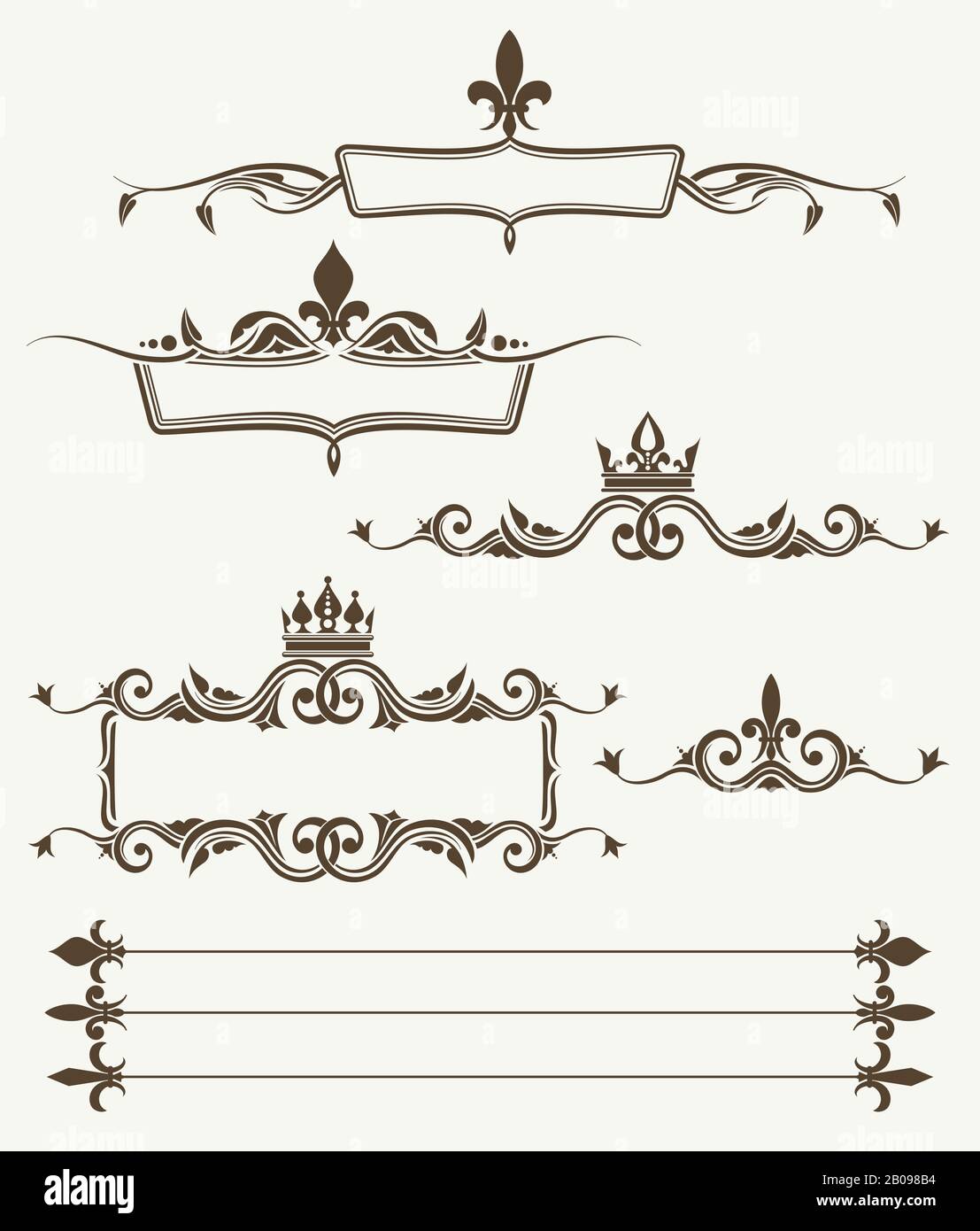 Royal crowns and fleur de lys ornate frames. Elements for decoration design. Vector illustration Stock Vector