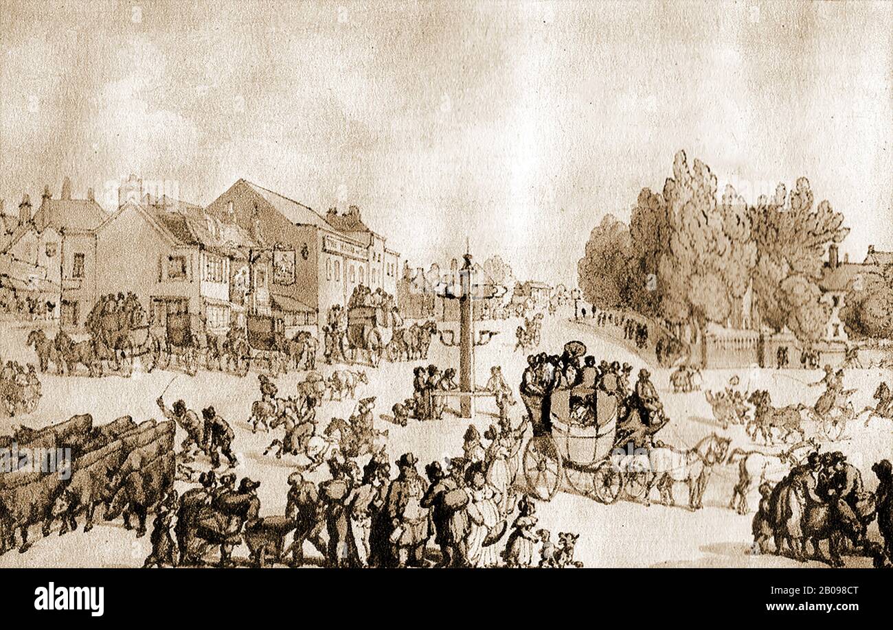 A scene   C1800 - The Original Elephant and Castle crossroads , London, England showing stage coaches, carriages, cattle herders, drinkers , the old direction post and the  coaching or staging inn which gave it its name.  London County Council demolished it and  the street layout was altered at the same time under re-development plans in the  1950s, Stock Photo