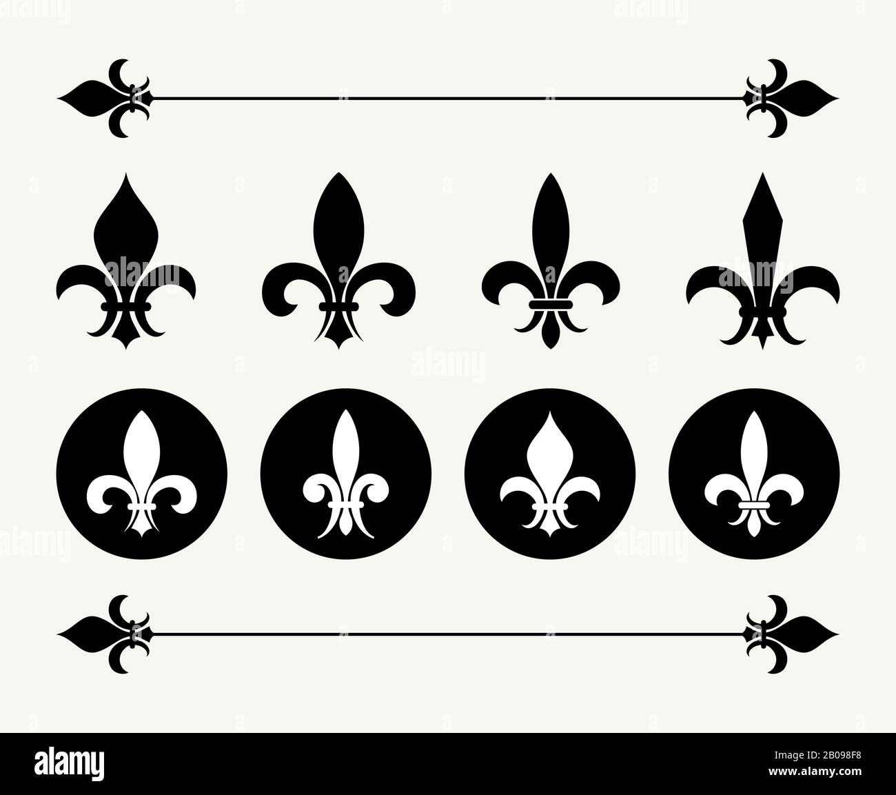 Set of fleur de lys design elements. Decoration for emblem, antique french flower illustration Stock Vector