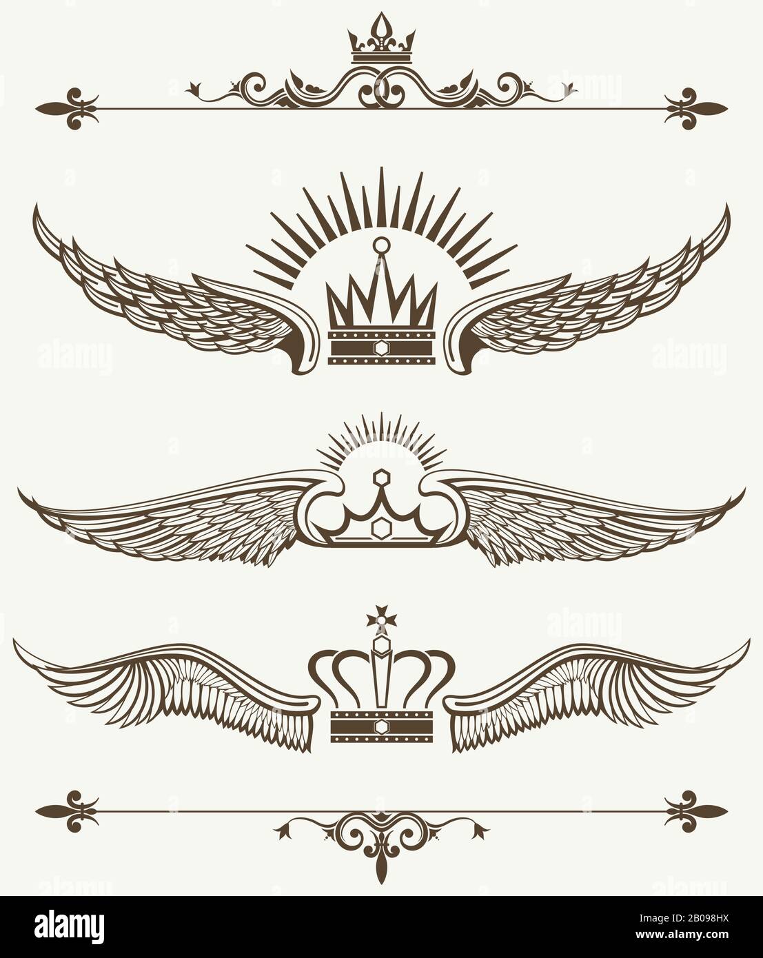 Set of royal winged crowns design elements. Nobility antique frame. Vector illustration Stock Vector