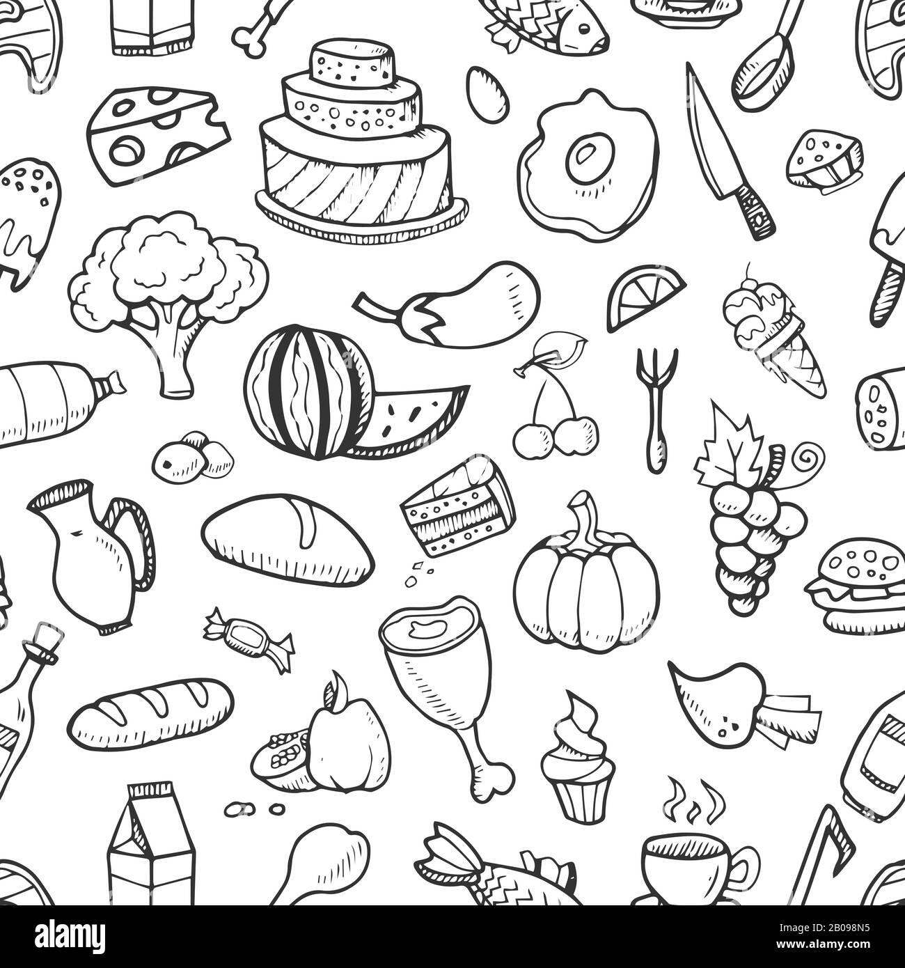 Doodle food ingredients, drinks and vegetables seamless pattern for menu design. Sketch background with food, vector drawing food illustration Stock Vector