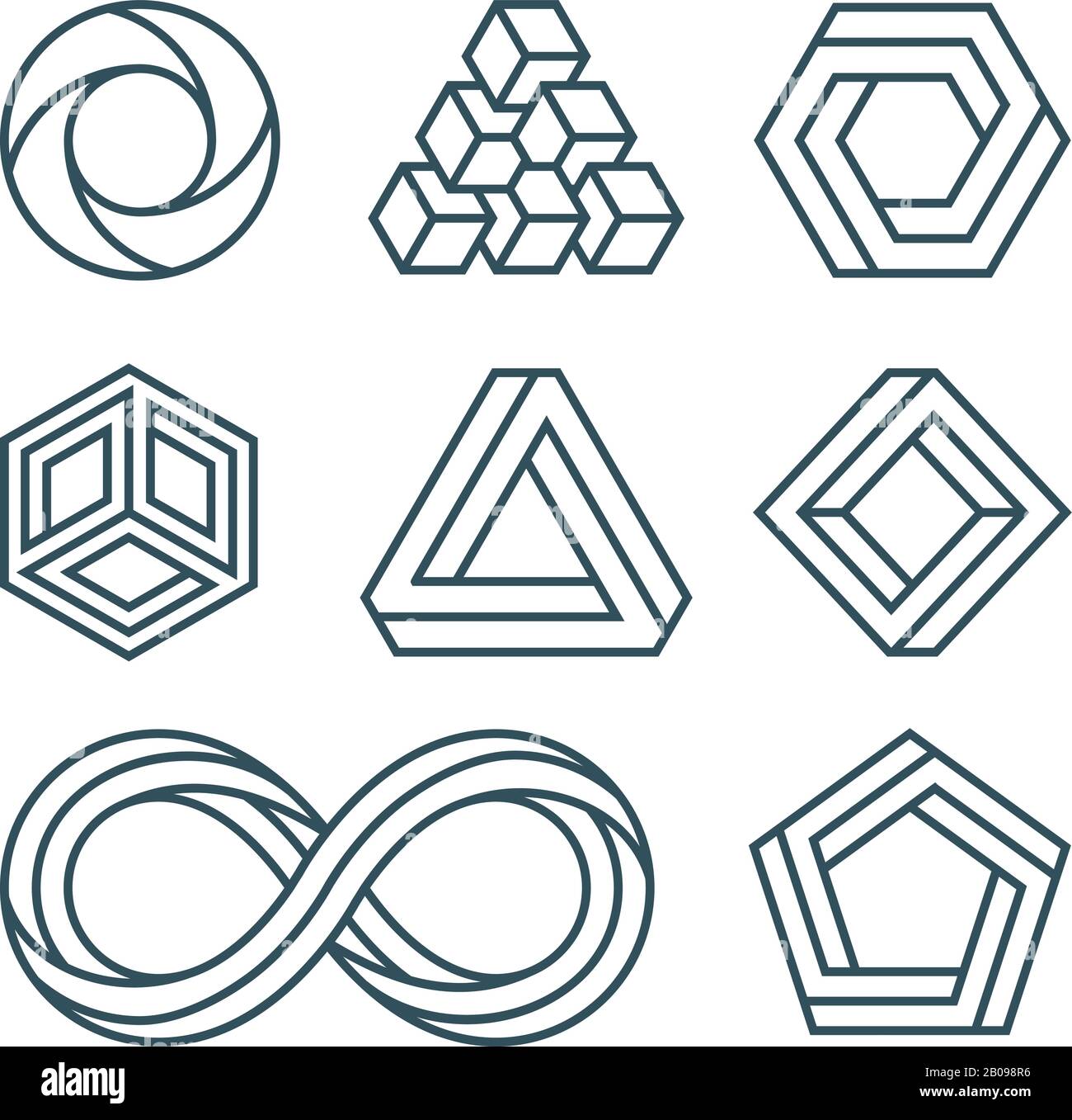 Impossible shapes thin line minimal vector icons set. Linear impossible figure for logo or emblem. Illustration of figure hexagon and round Stock Vector