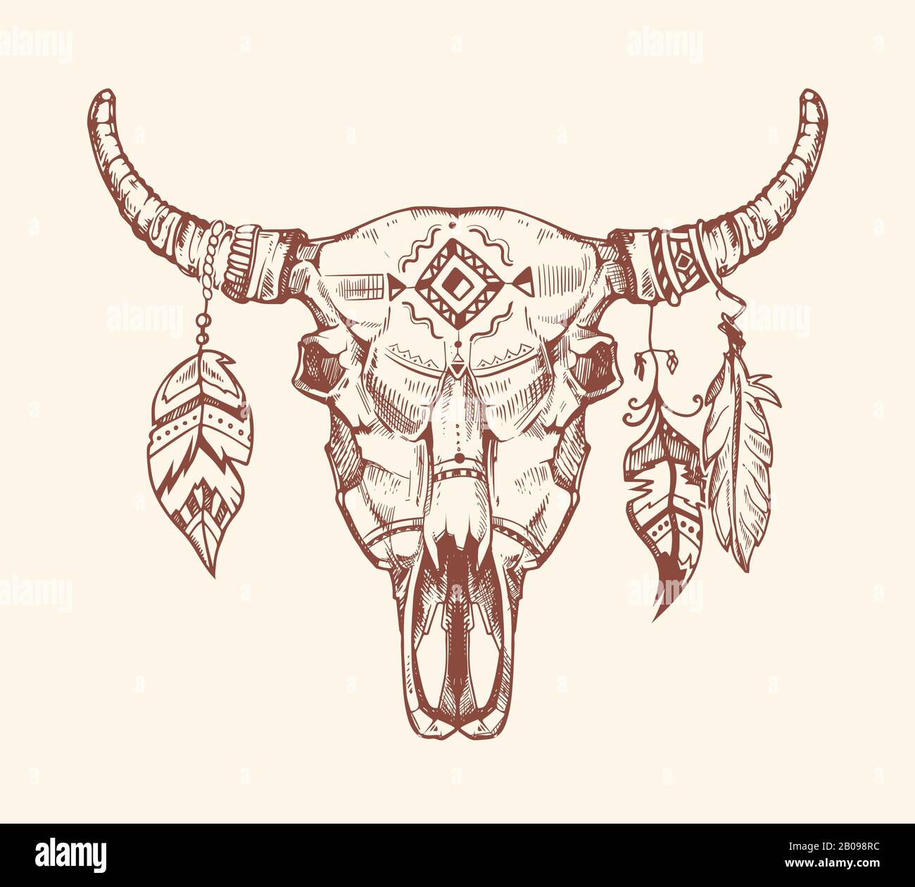 Aztec tribal buffalo skull vector t-shirt print, tattoo. Dead animal cow  skull totem with feathers. Hand drawn skull cow illustration Stock Vector  Image & Art - Alamy
