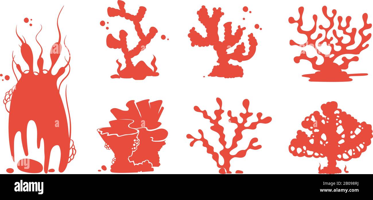 Sea aquarium coral silhouettes vector set. Silhouette red coral reef, marine undersea group of corals illustration Stock Vector