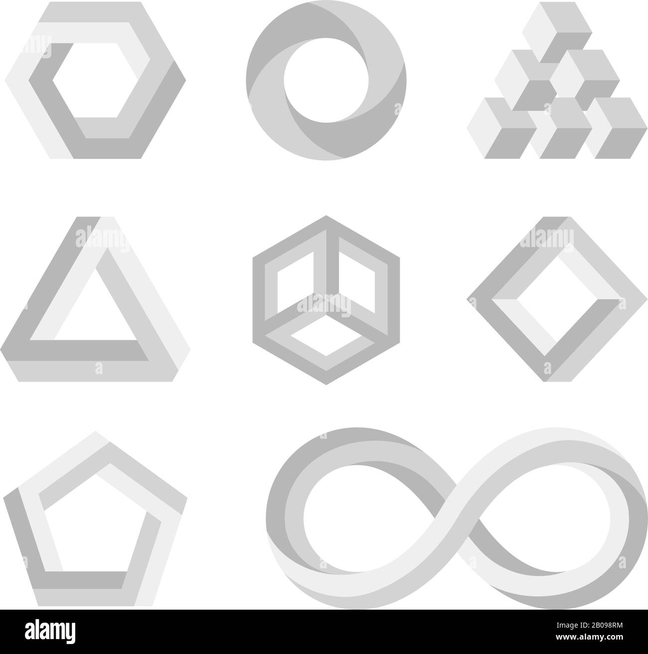 Paradox impossible shapes, 3d twisted objects, vector math symbols. Visual impossible style, illustration of geometry impossible loop for logo Stock Vector