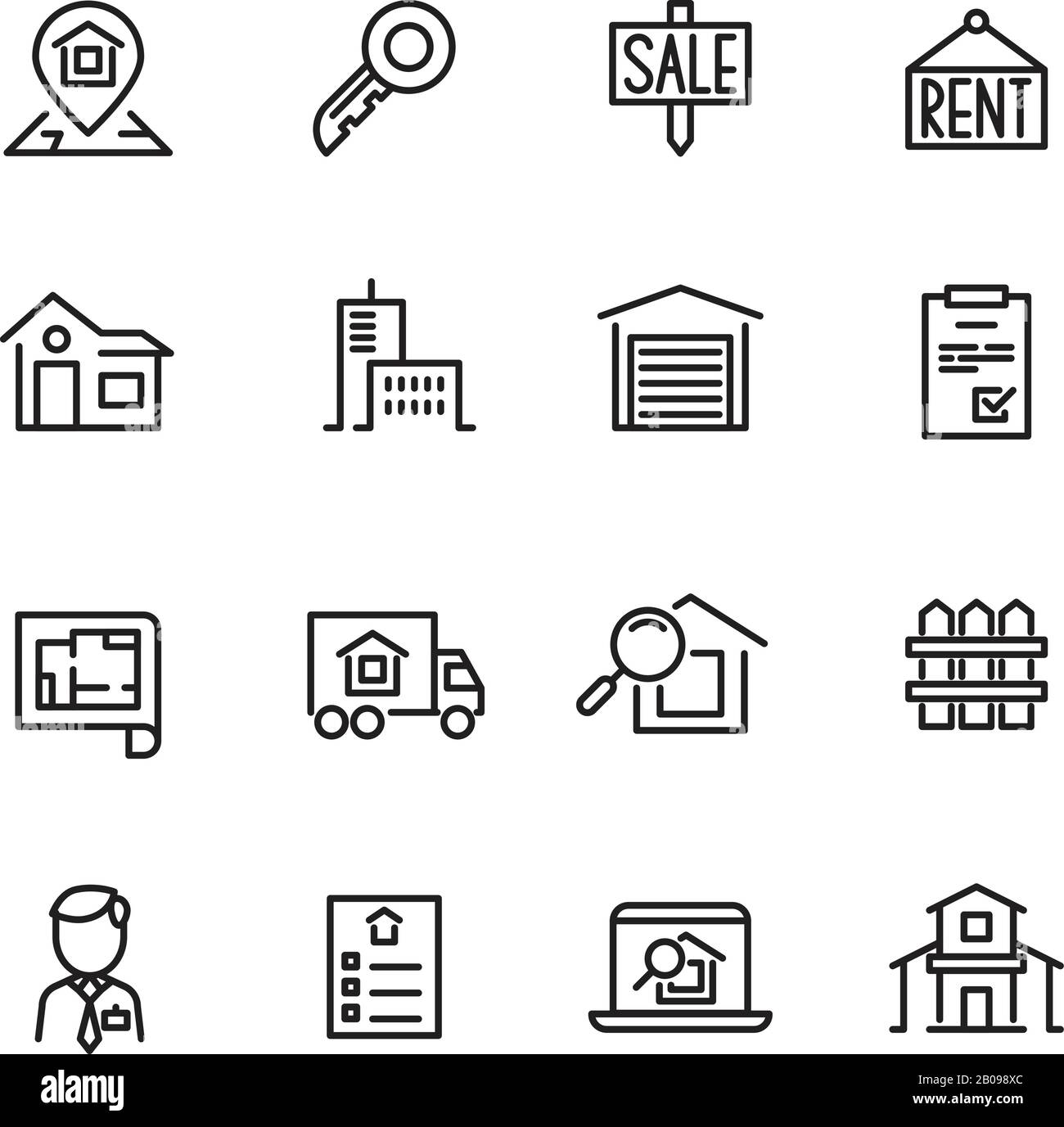 Real estate, house, property for sale, search apartment thin line vector icons. Rent and sale house, architecture line house for sell illustration Stock Vector