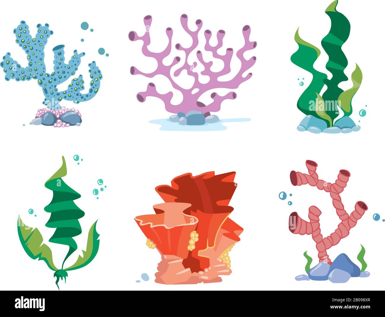 Reef corals, seaweeds, underwater wildlife plants vector set. Seaweed and coral for aquarium, organism corals on bottom illustration Stock Vector