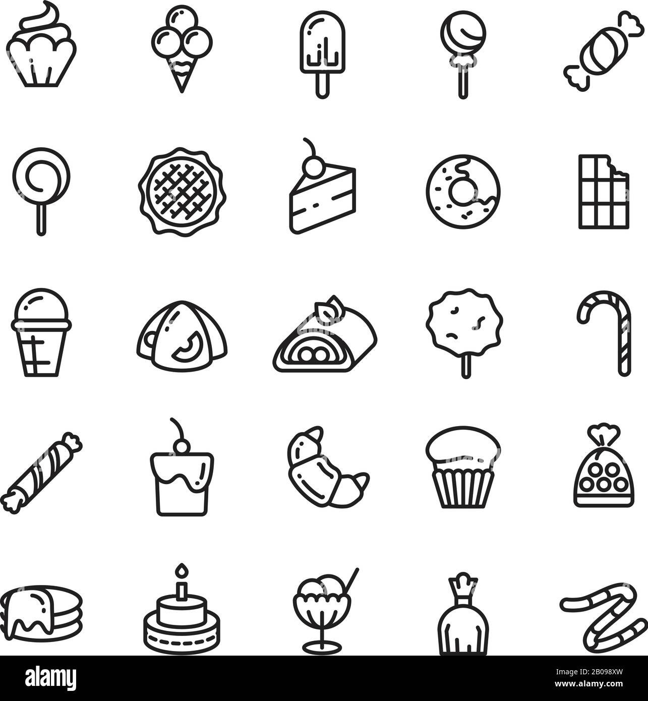 Desserts, sweets, ice cream, muffin, cakes, cupcake thin line icons. Set of desserts croissant candy and snack bakery illustration Stock Vector