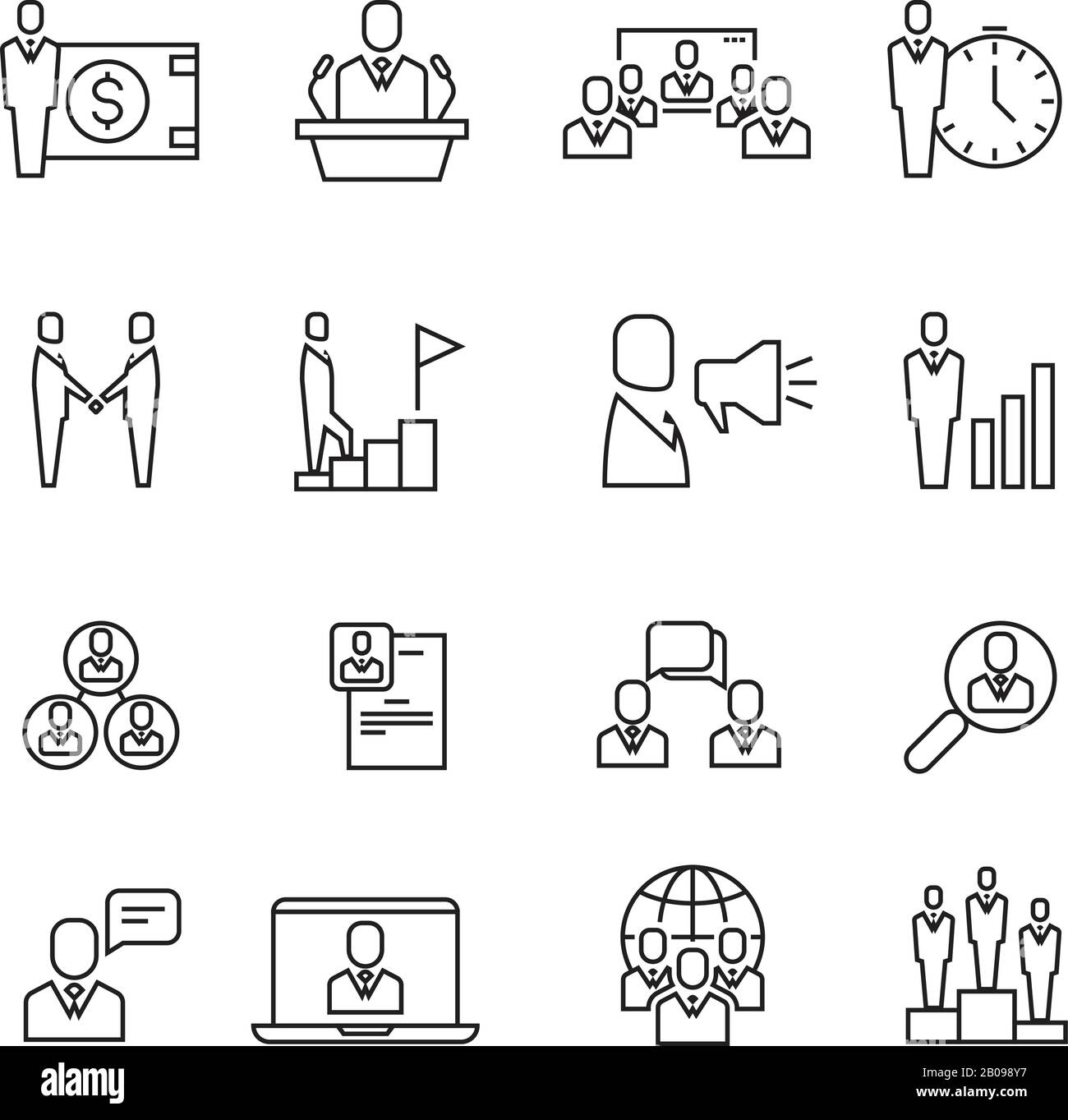 Business people team relationship, human management thin line vector icons set. Recruitment people and strategy company illustration Stock Vector