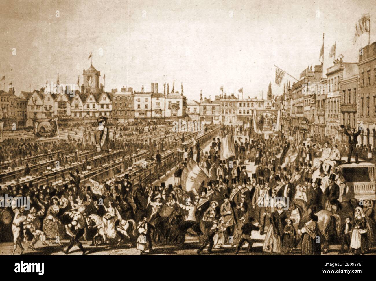 An historic illustration showing the Salisbury Peace Festival or Pageant held on the  29th May 1856 as a  ‘grand peace festival’   to celebrate the end of the Crimean War . The scene shows the public dinner attended  by thousands of people who consumed 900 gallons of beer and large quantities of roast beef and plum pudding. A procession by the Tailors Company took place. Stock Photo