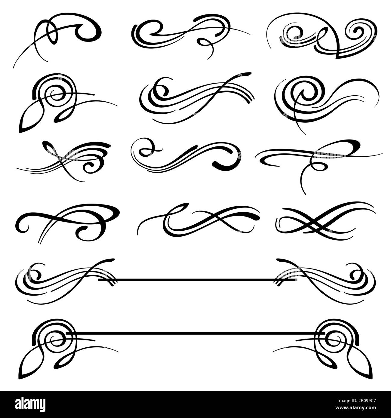 Calligraphy swirls ornate flourish vector decoration set. Calligraphy flourish tattoo, illustration of decoration flourish classical elements Stock Vector