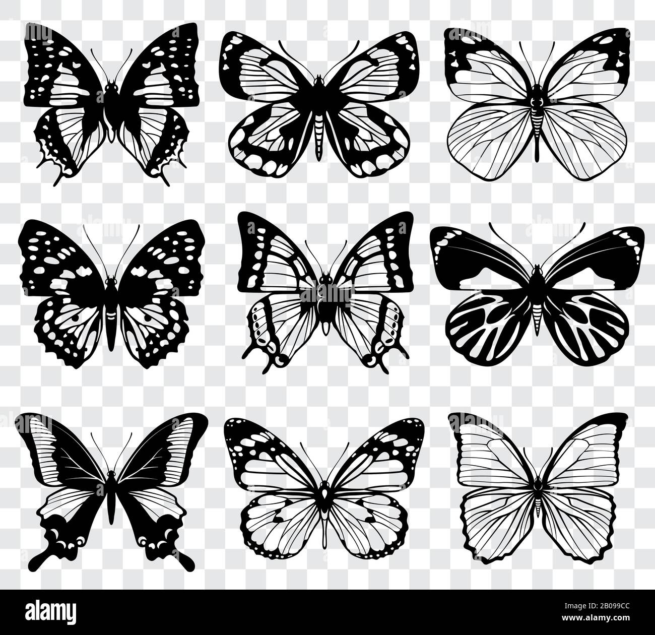 Vector butterflies isolated on transparent checkered background. Silhouette black butterflies, collection of vintage butterfly illustration Stock Vector