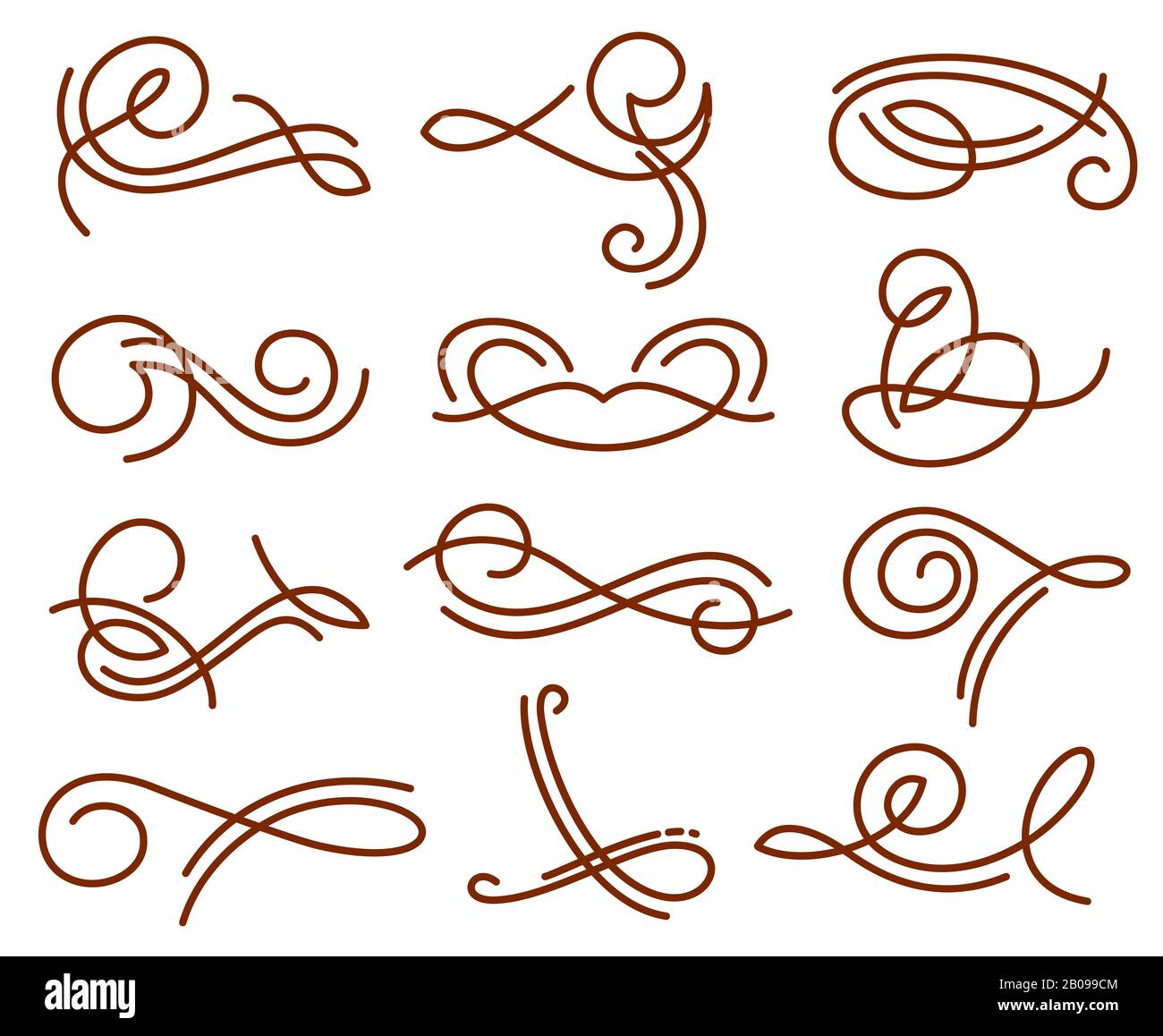 Flourish swirls, vintage calligraphy vector elements. Swirl flourish tattoo henna, abstract swirl line illustration Stock Vector