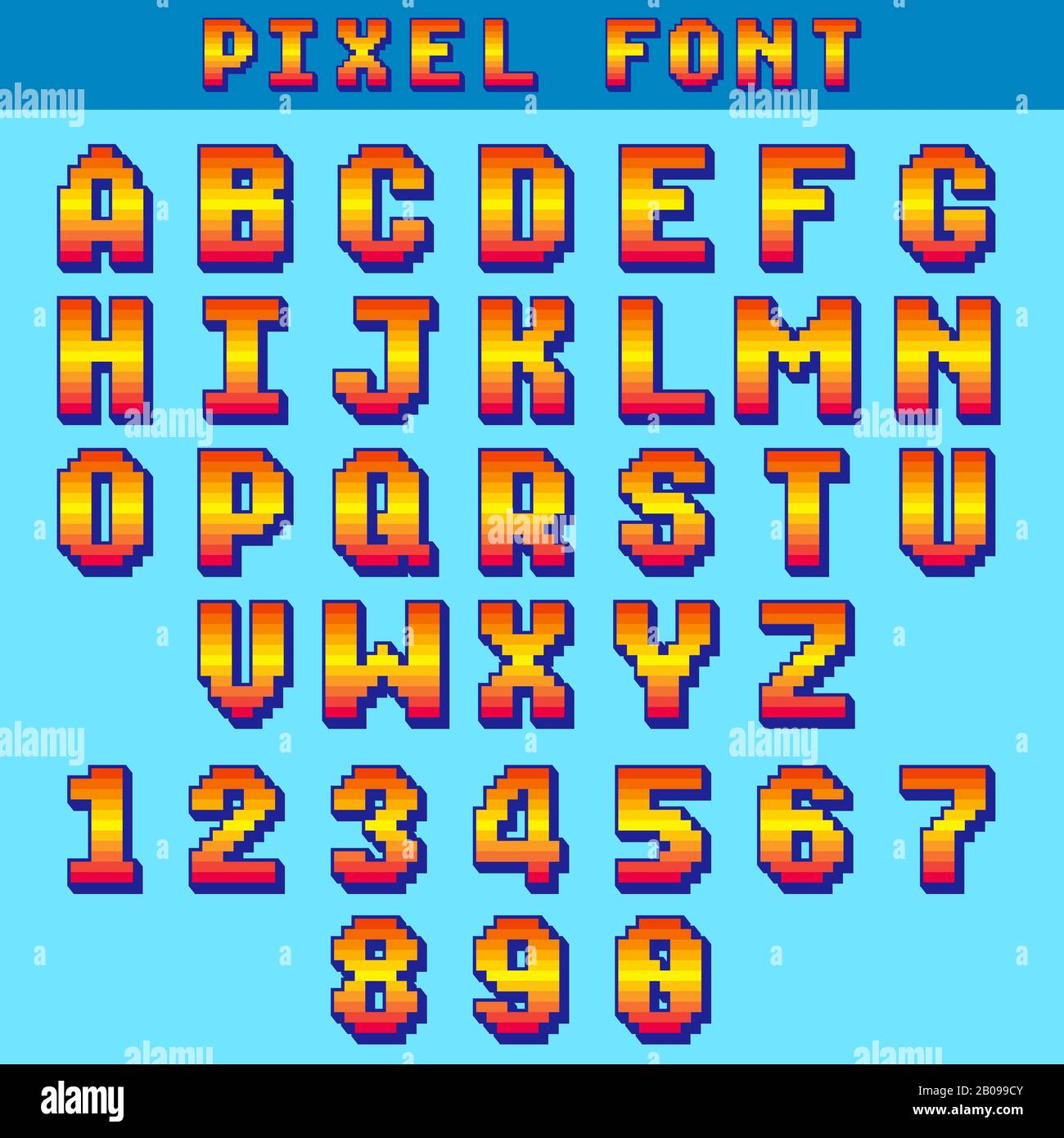 Pixel 8 bit letters and numbers vector game font, digital alphabet, typeface. Alphabet and number typeface illustration Stock Vector