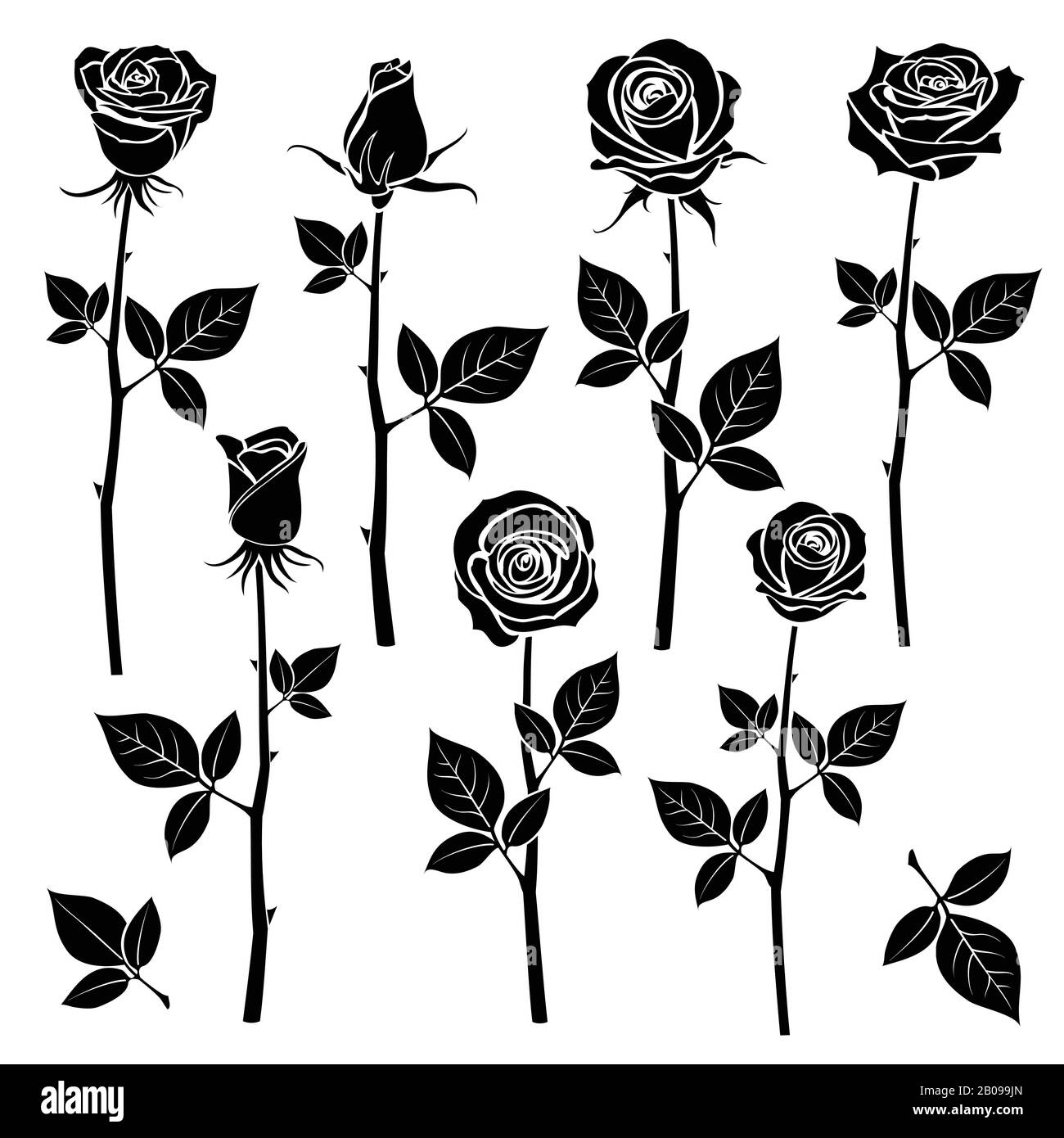 Rose silhouettes, spring buds vector symbols. Black rose with leaf, nature flower roses illustration Stock Vector