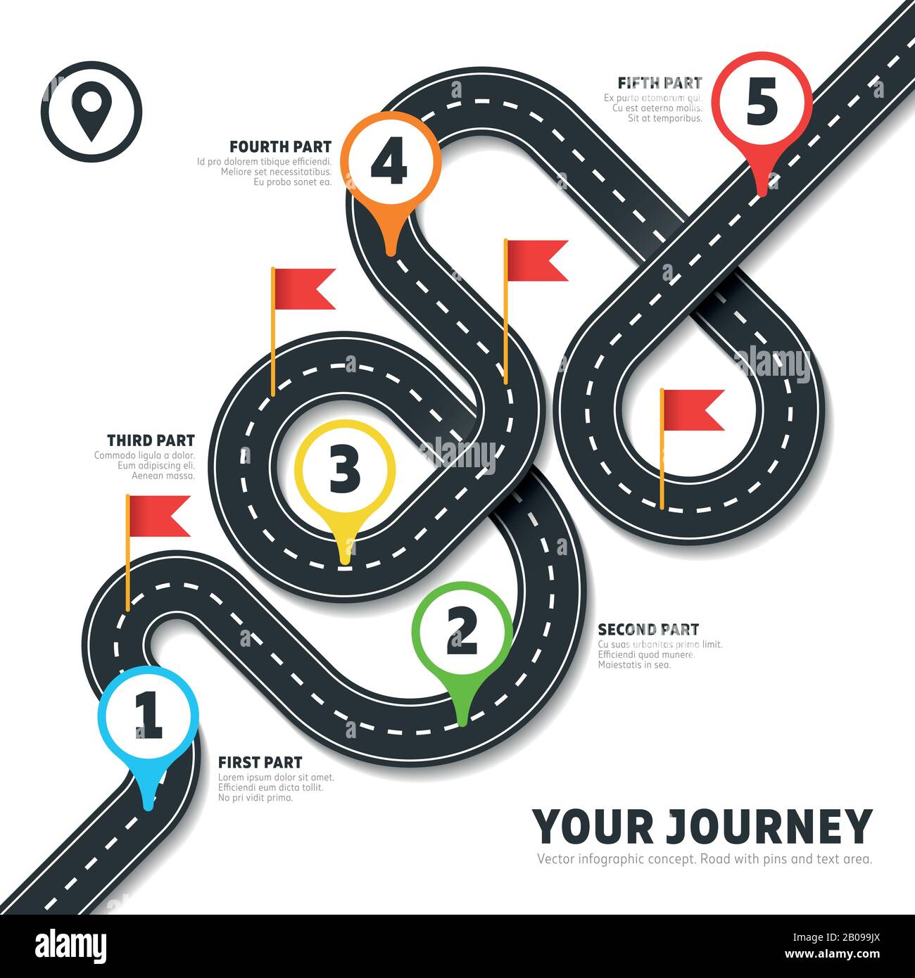 Navigation winding road vector way map infographic. Roadmap business info, plan road map for business illustration Stock Vector