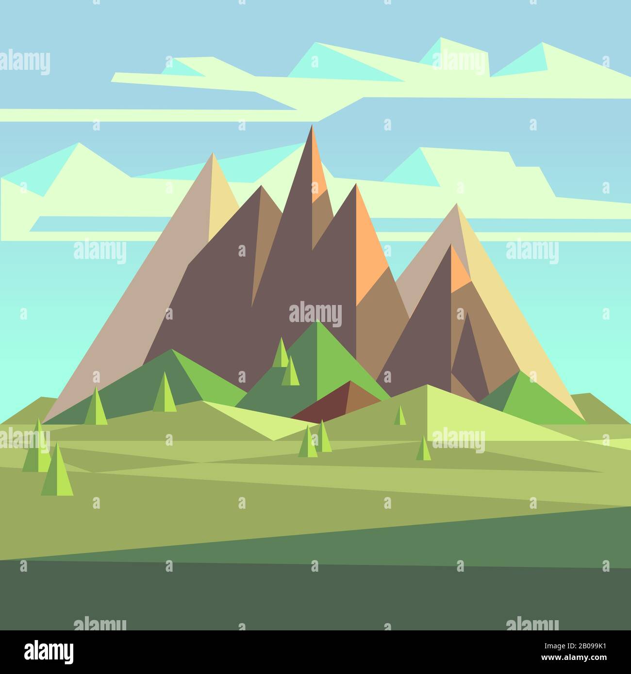 Origami landscape in 3d low poly style with mountains trees and sky. Polygon geometric mountain landscape with mountains illustration Stock Vector Image Art Alamy