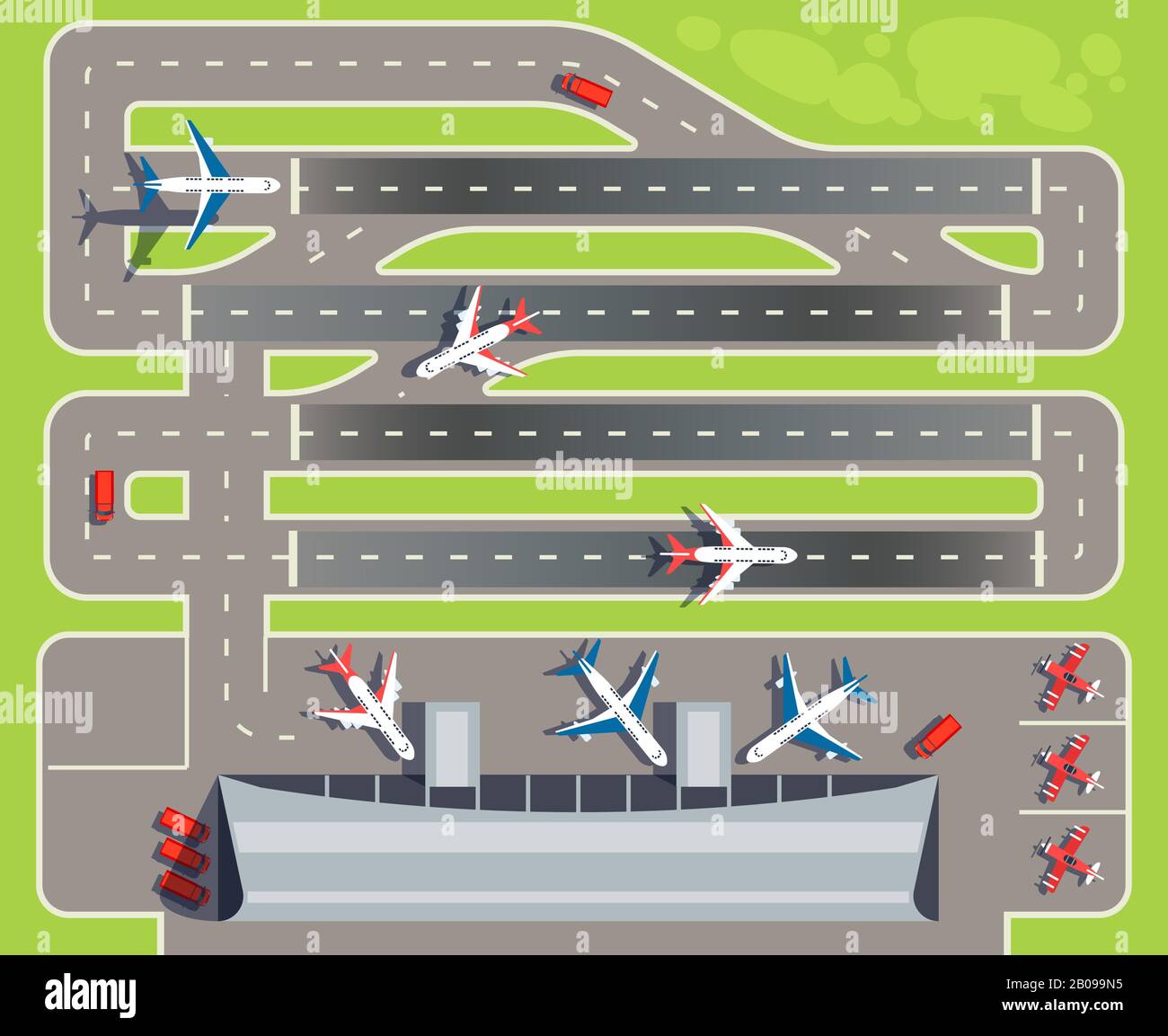 Airport with passenger terminal, airplanes, helicopters top view vector illustration. Building airport terminal, runway for landing plane to airport Stock Vector