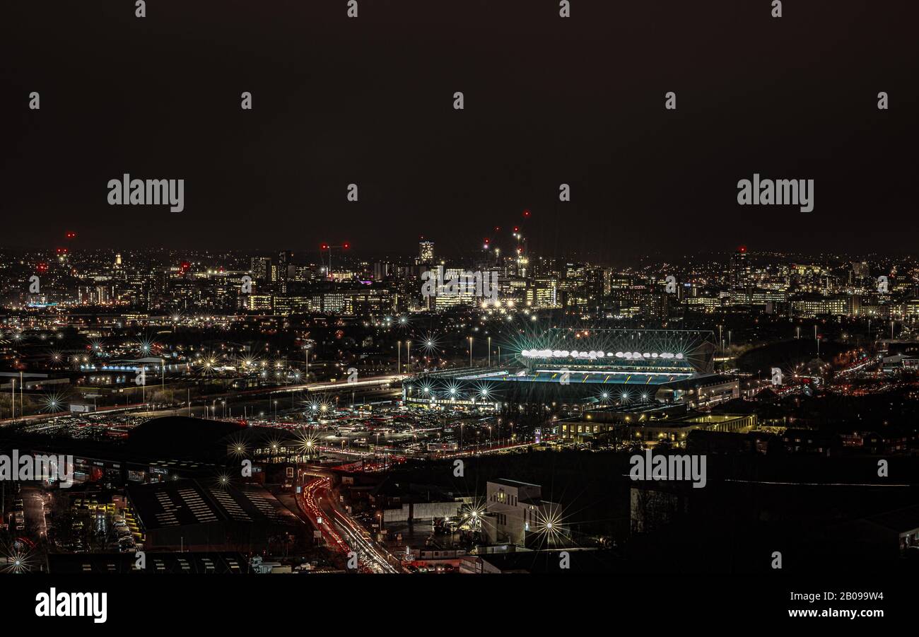 Night shot of Leeds city centre and Elland Road before a match Stock Photo