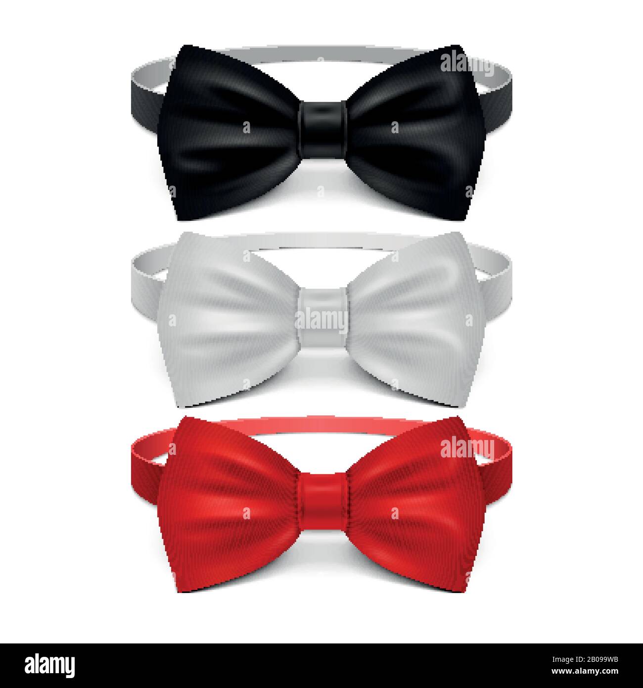 Realistic white, black and red bow tie vector set. Bow tie for ceremony