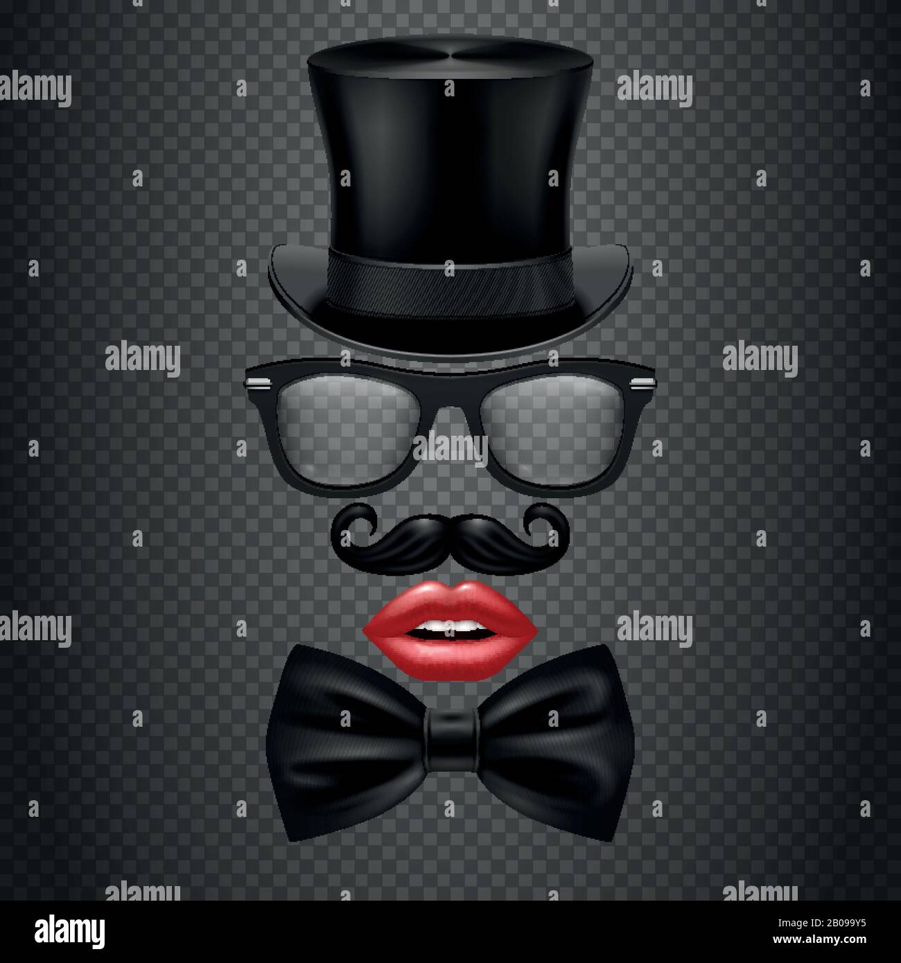 Mustache, bow tie, glasses, red girl lips and cylinder hat. realistic  vector hipster photo booth props. Accessory gentleman mister for photo  booth illustration Stock Vector Image & Art - Alamy
