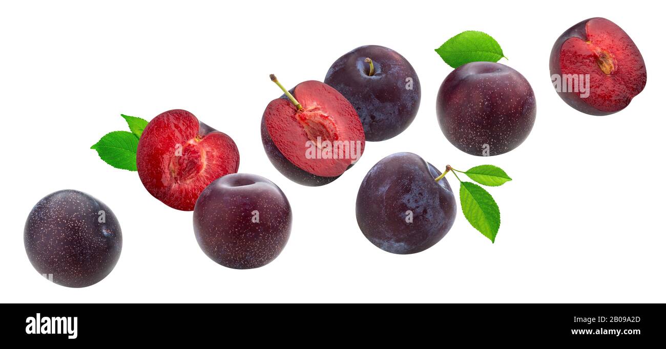 Falling plums with leaves isolated on white background Stock Photo Alamy