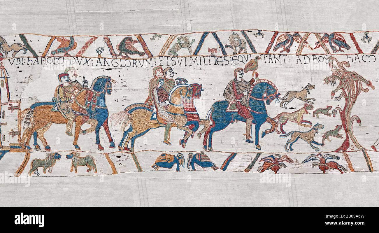 Bayeux Tapestry scene 2 : Harlod leaves for Normandy to inform William he will eucceed to English Throne.  BYX2 Stock Photo