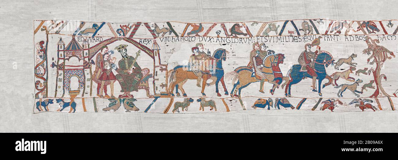 Bayeux Tapestry scene 1 : Edward The confessor send Harold to inform ...