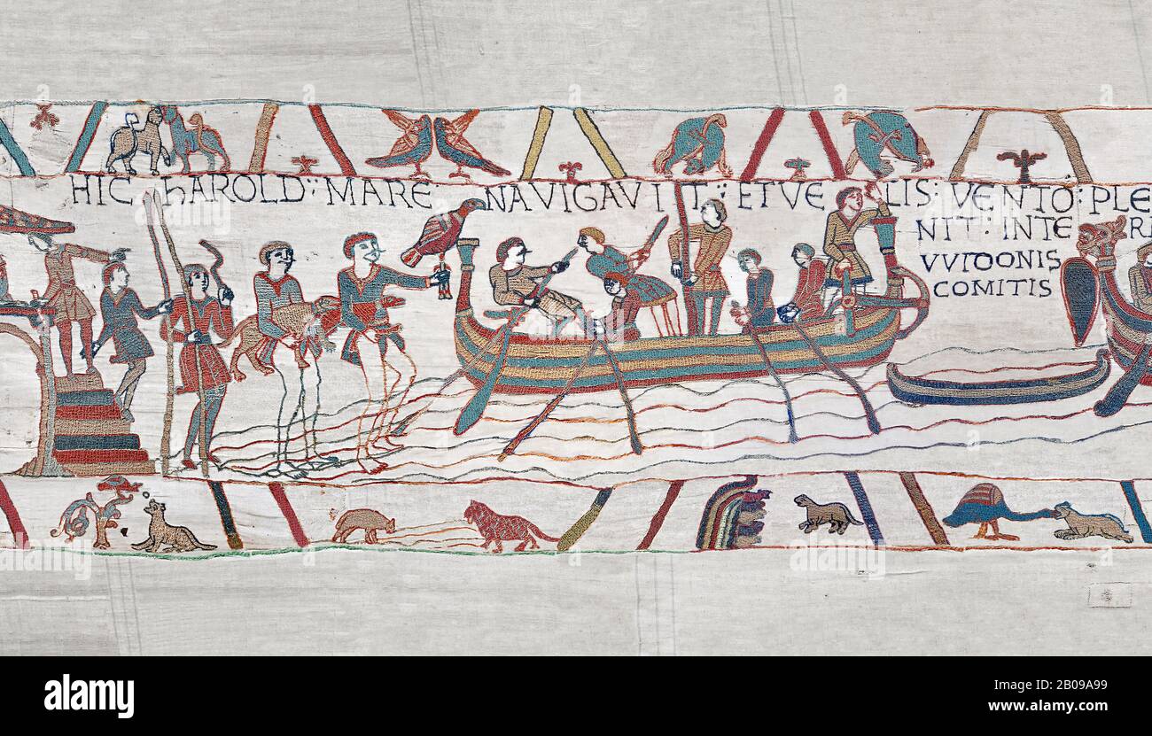 Bayeux Tapestry scene 4: Harold boards his ship to sail across the Channel to Normandy.  BYX4 Stock Photo