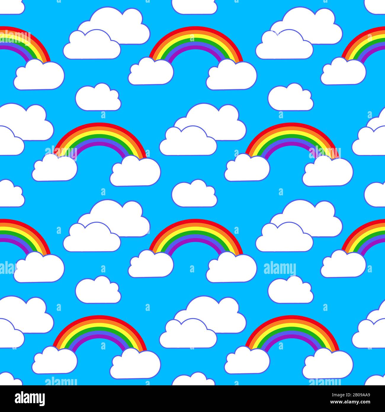 Rainbow and clouds in sky seamless pattern background. Vector illustration Stock Vector