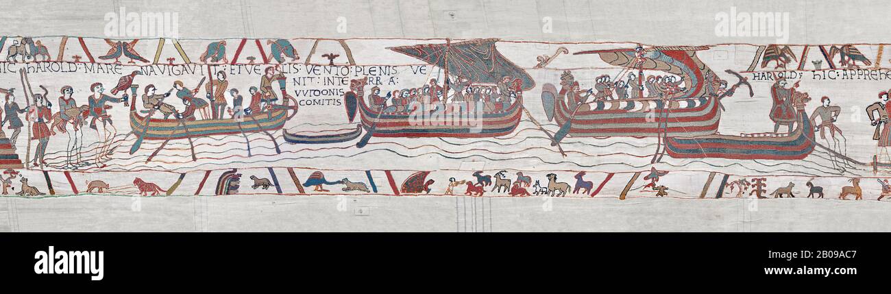 Bayeux Tapestry scene 5 : Strong winds blow Harold ships off course to the lands of Guy de Ponthieu. BYX5 Stock Photo