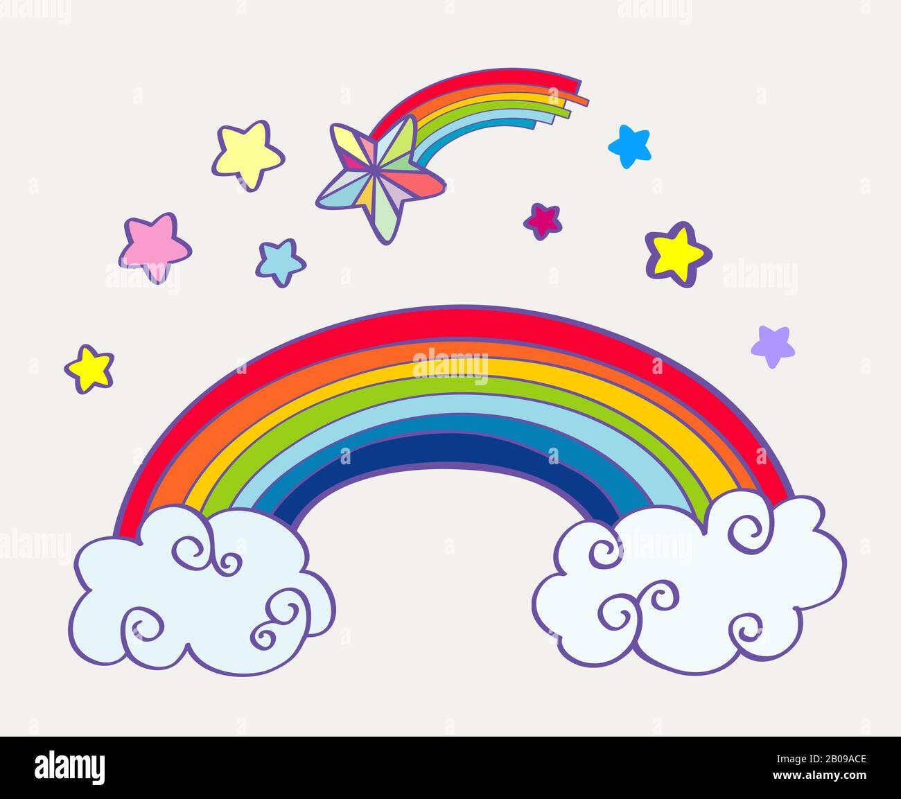 Hand drawn cartoon rainbow, clouds and falling stars. Abstract fairy art. Vector illustration Stock Vector