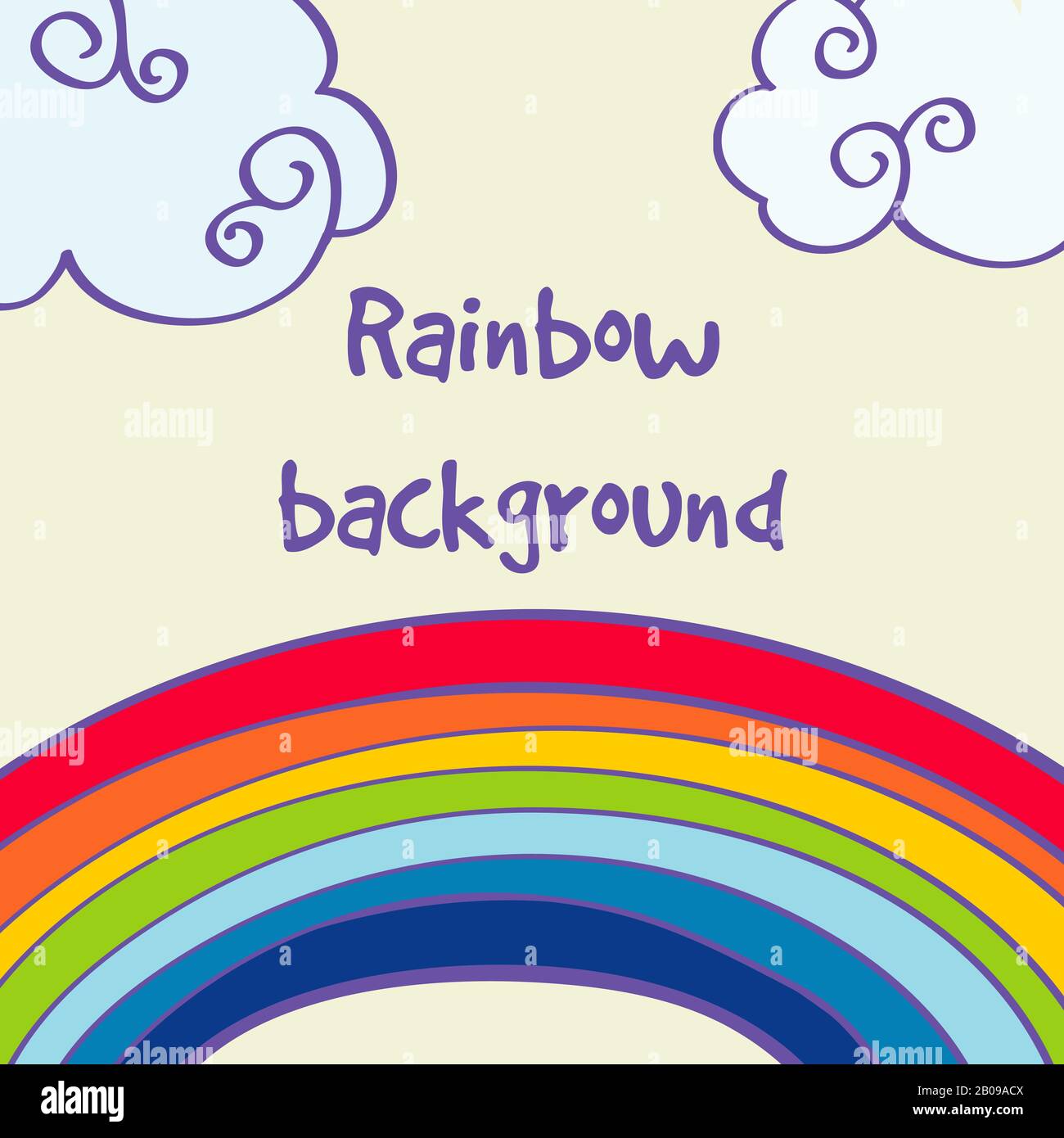 Vector hand drawn rainbow and clouds good weather background. Cartoon childish illustration with rainbow Stock Vector