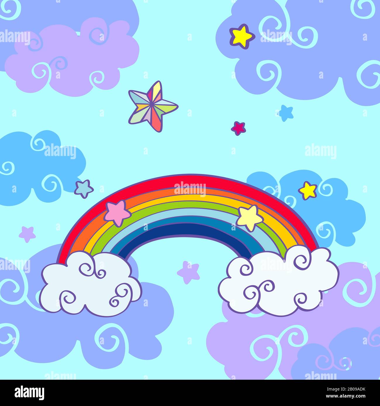 Vector hand drawn cartoon rainbow and clouds. Day with magic clouds illustration Stock Vector