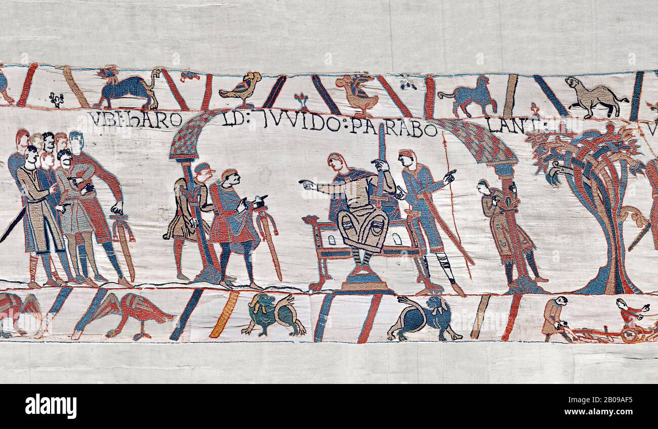 Bayeux Tapestry scene 9:  Guy de Ponthieu, on throne, discussed his with Harold his ransom demands. BYX9 Stock Photo