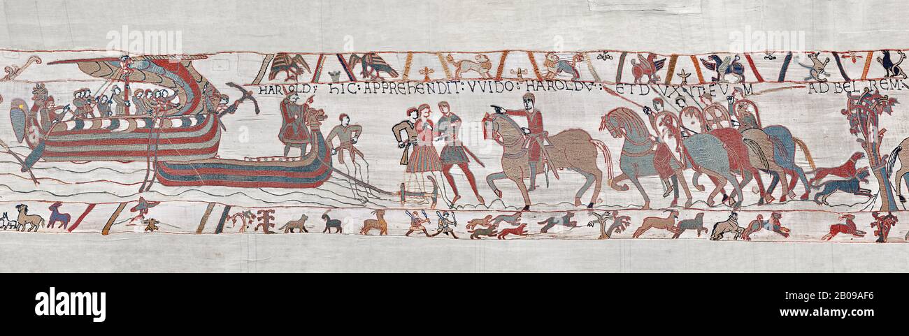 Bayeux Tapestry scene  6 - 7:  Harold is areested by Guy de Ponthieu for landing without permission. BYX6 BYX7 Stock Photo