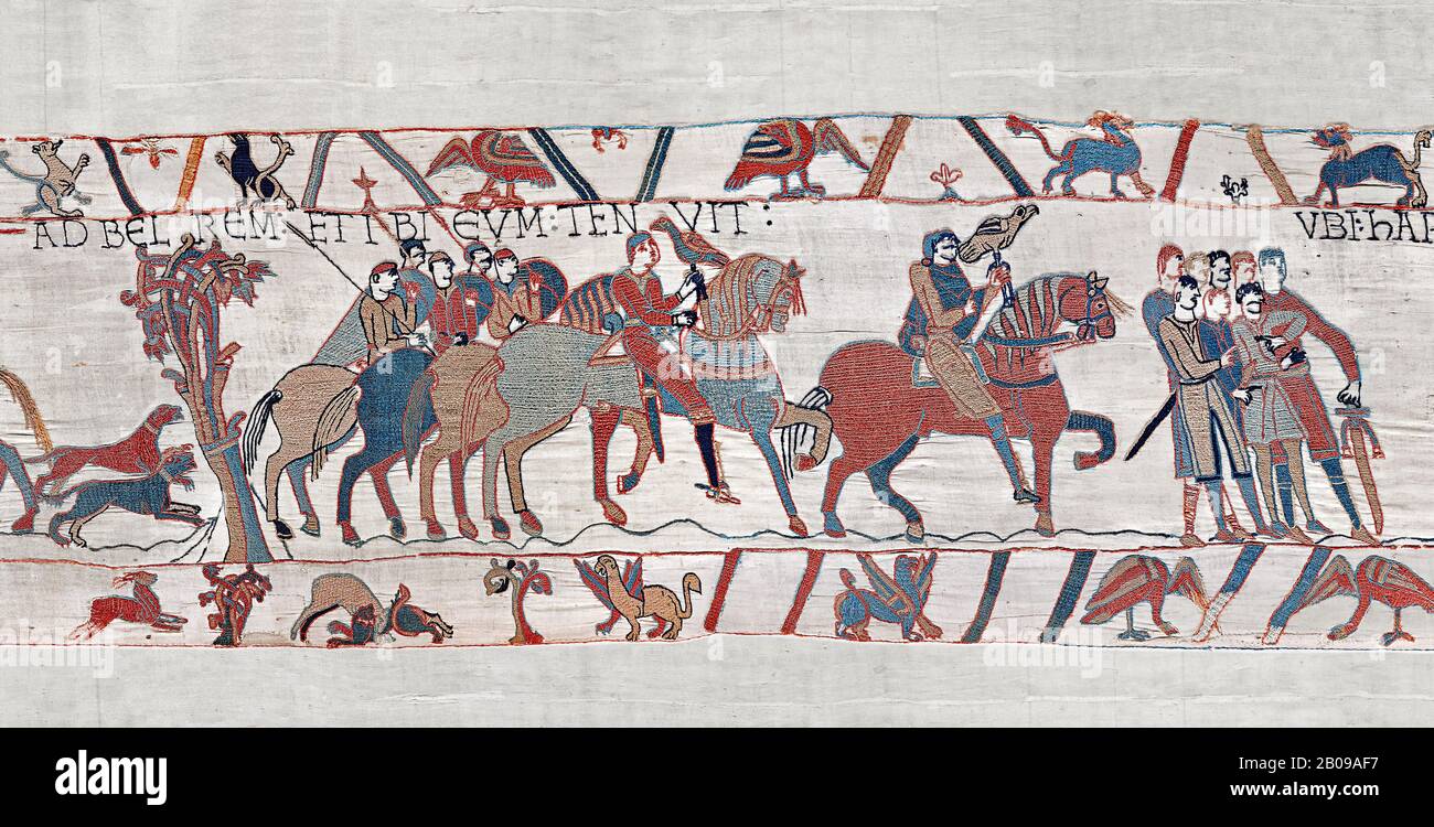 Bayeux Tapestry scene 8 : Guy de Ponthieu, holding falcon, escorts his prisoner, Harold, to Beaurain. BYX8 Stock Photo