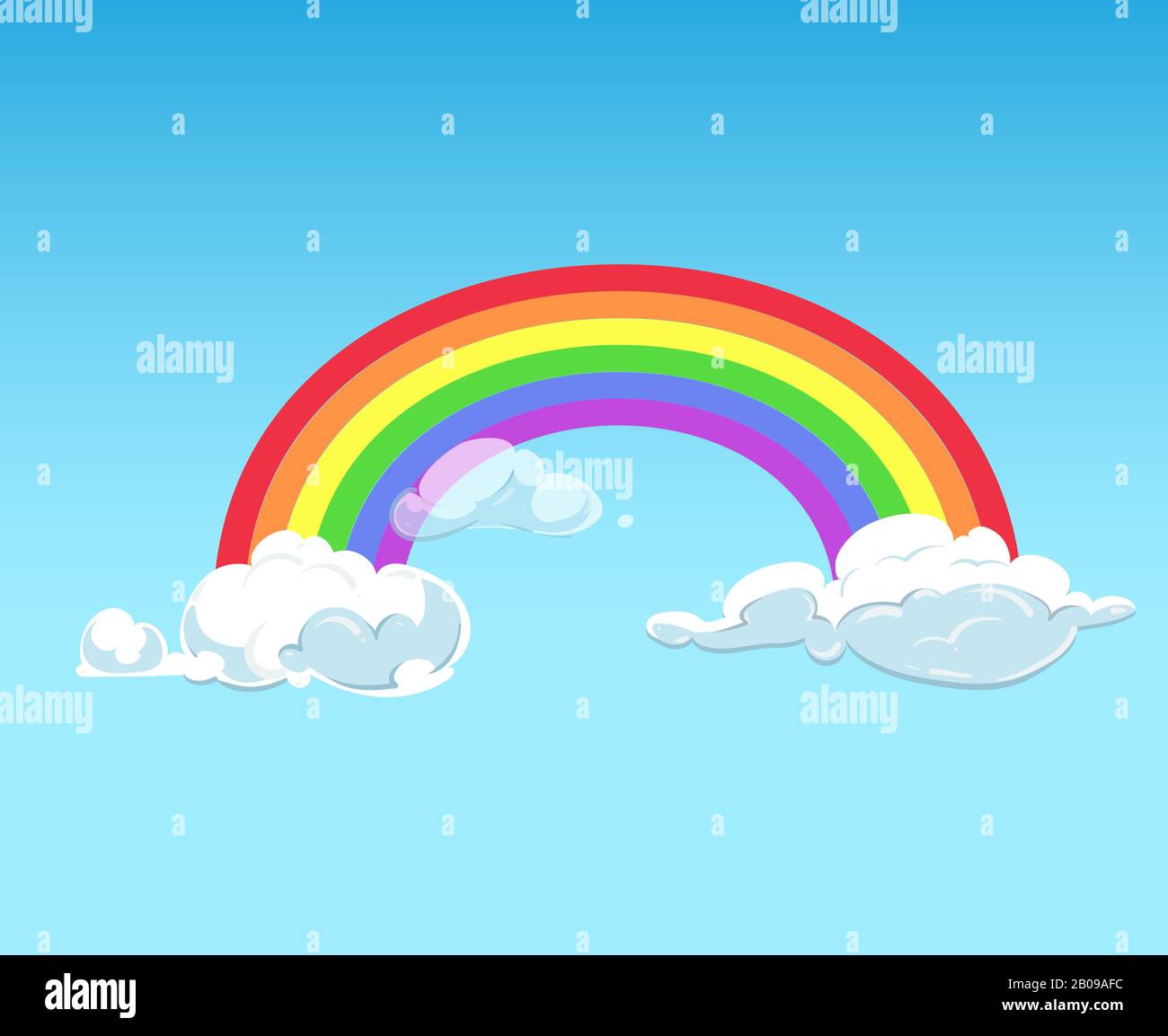 Rainbow and clouds against blue sky. Summer weather freedom background. Vector illustration Stock Vector